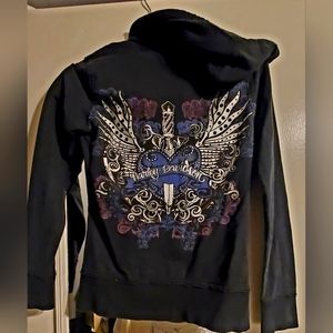 Harley Davidson zip up hoodie with details on front and back.
